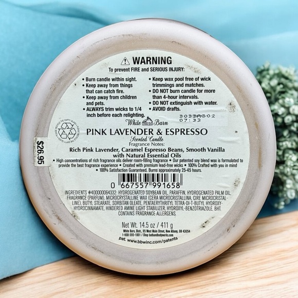 White Barn Pink Lavender & Espresso 3-Wick Candle | Aromatherapy Calm + Cozy - Picture 3 of 3